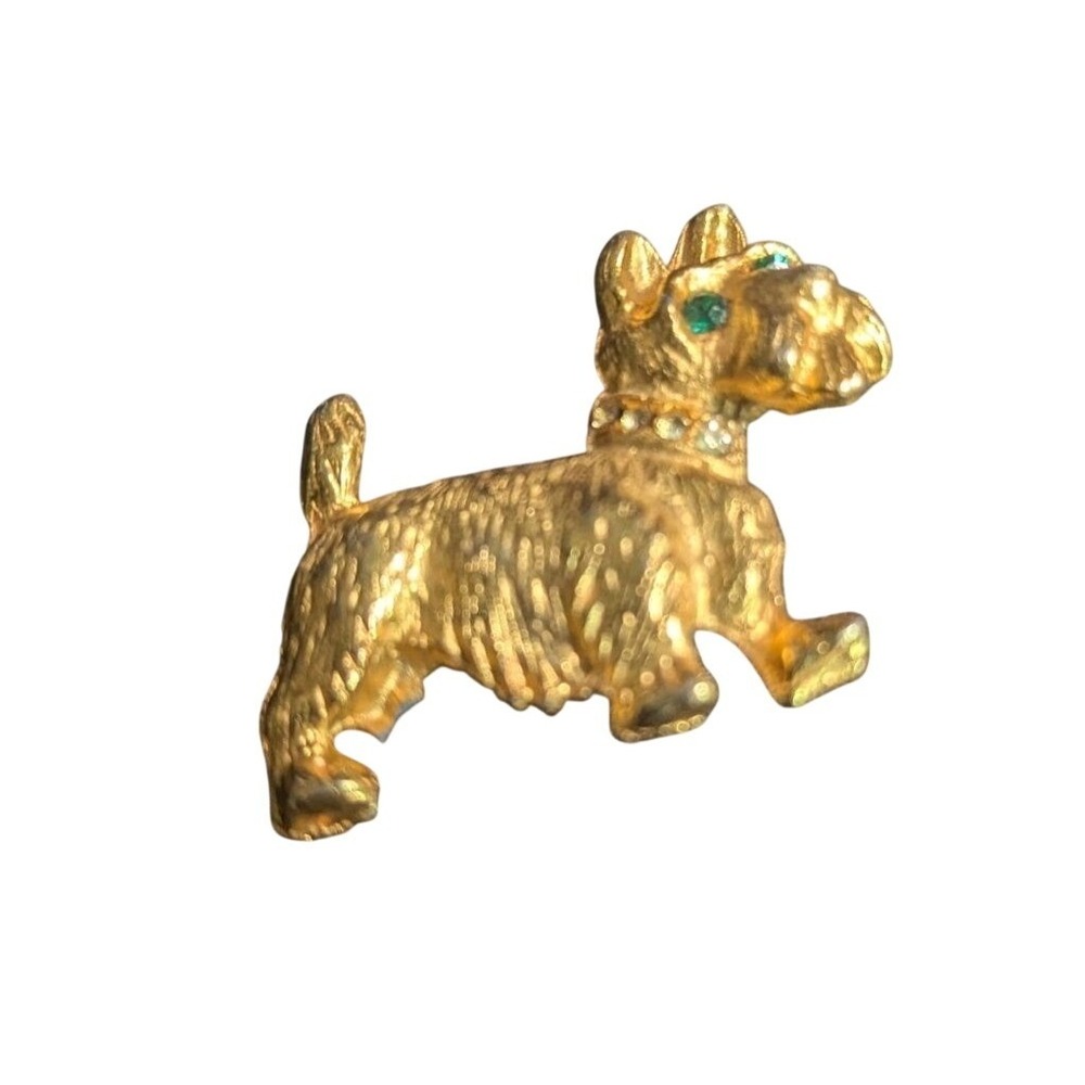 Vintage Gold Tone‎ Scottie Dog Brooch Green Rhinestone Eyes Scottish Terrier Pin